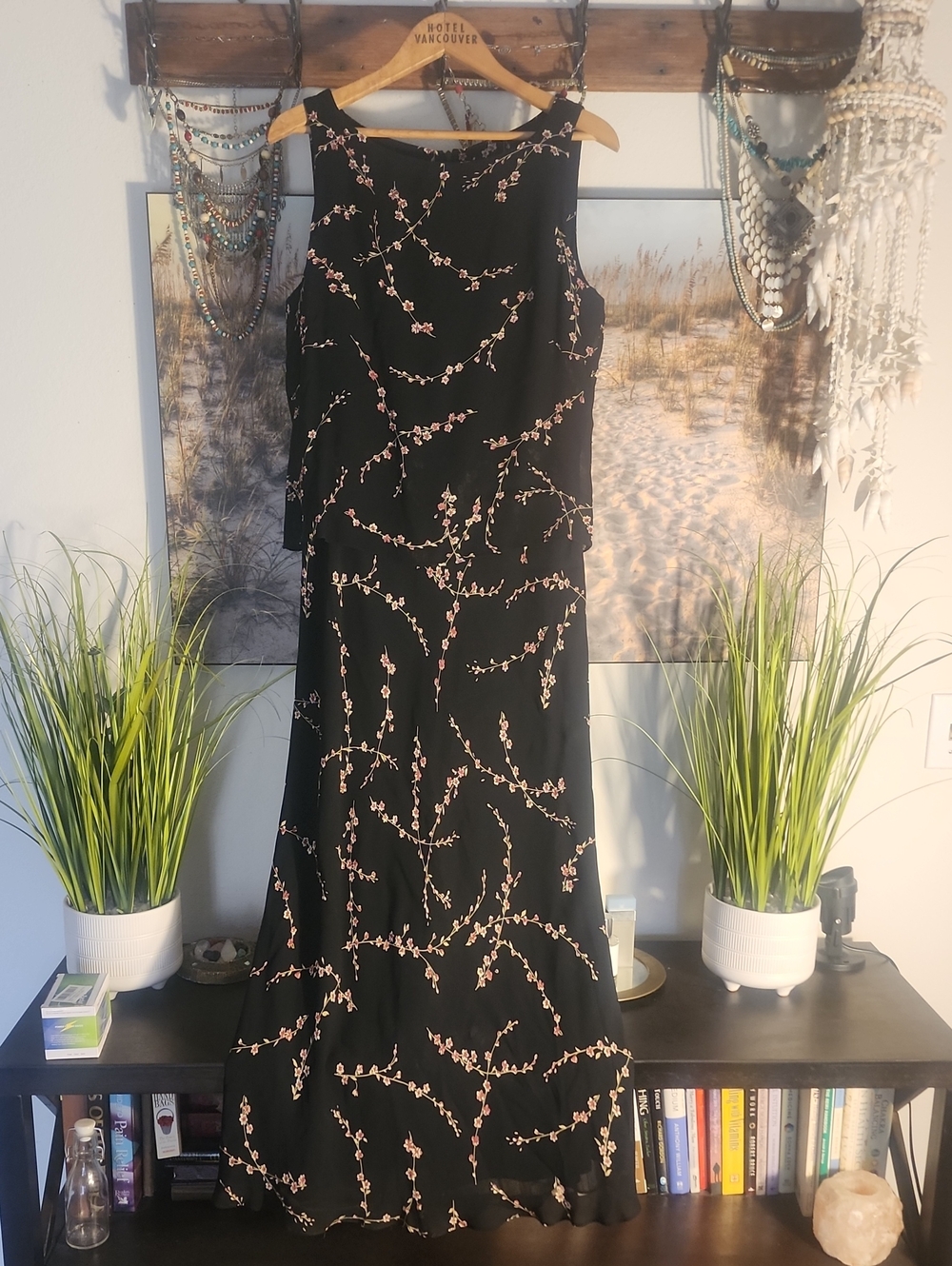Jones New York Black Maxi Dress with Pink Floral Embroidery